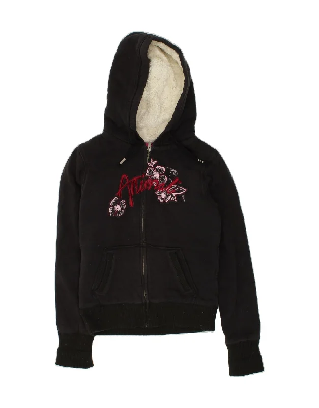 ANIMAL Womens Graphic Zip Hoodie Sweater UK 10 Small Black Floral Cotton