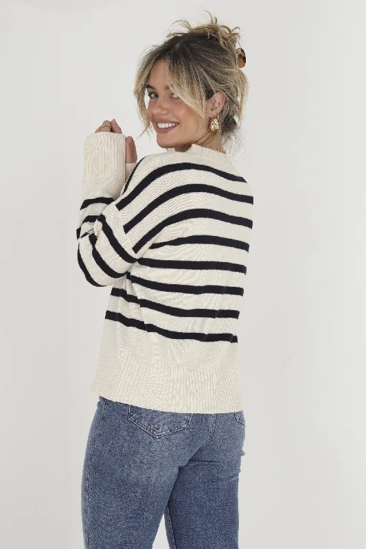 Acrylic Stripe Knit Cardigan | Cream/Navy | BZZ004