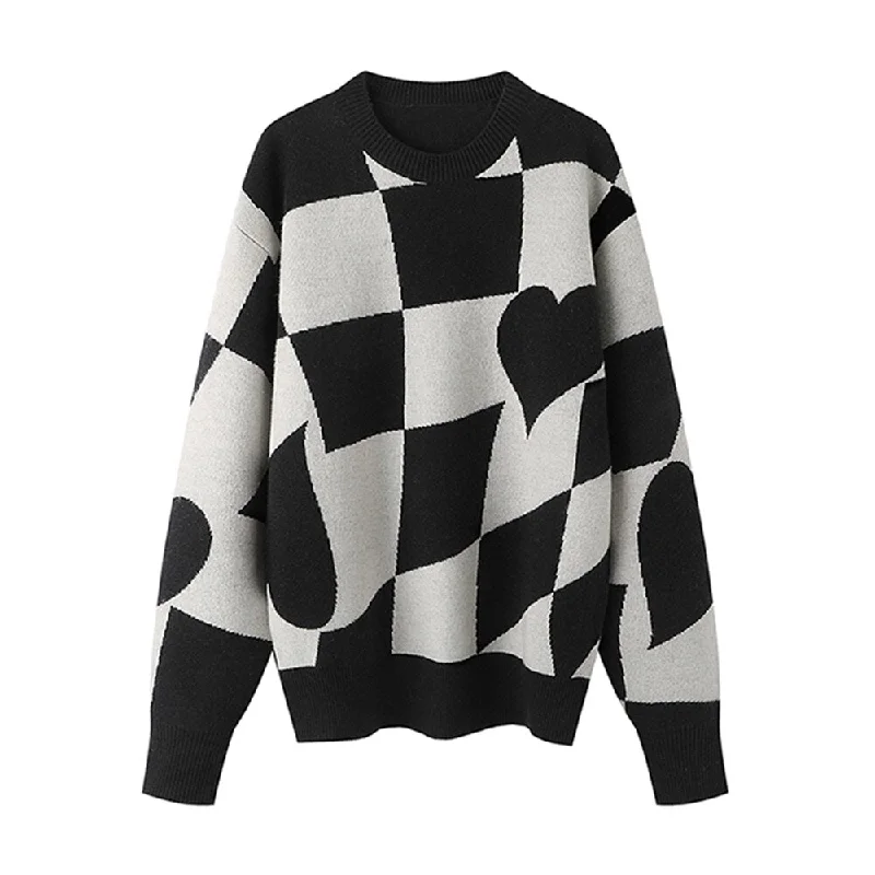 Loose Knitting Sweater For Women Round Neck Long Sleeve Print Plaid Heart Colorblock Sweaters Female Autumn Clothes