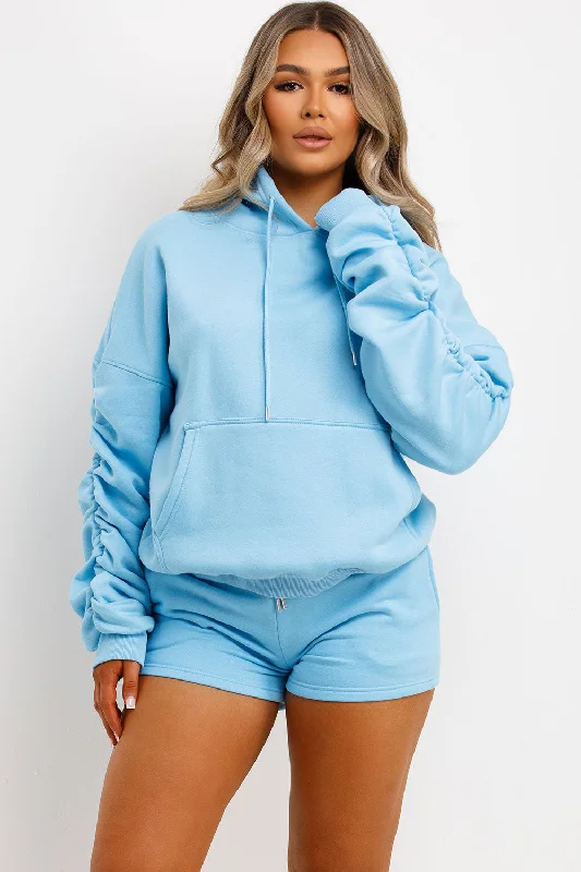 Short Tracksuit With Ruched Sleeve Hoodie Sky Blue