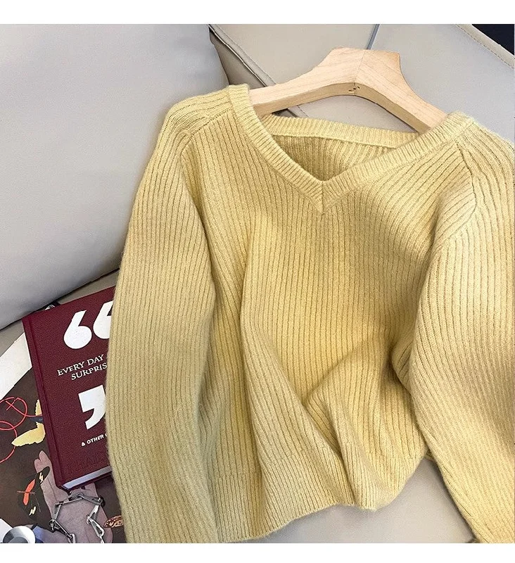 V-neck long-sleeved sweater for women solid color soft sweater    S4865