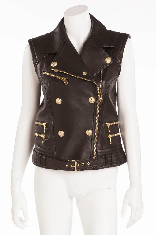 Balmain - Black Leather Vest Gold Zippers and Buttons - FR 40