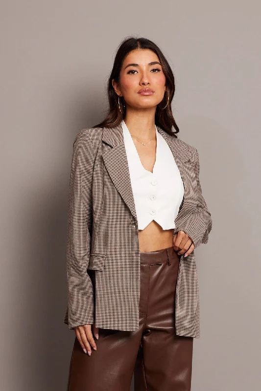 Beige Check Blazer Long Sleeve