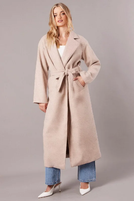 Beige Long Coat Long Sleeve Tie Front