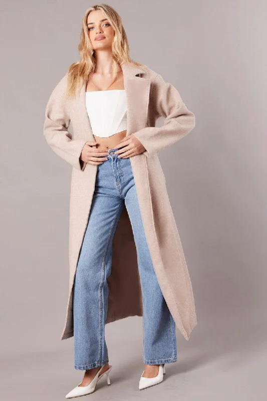 Beige Long Coat Long Sleeve Tie Front