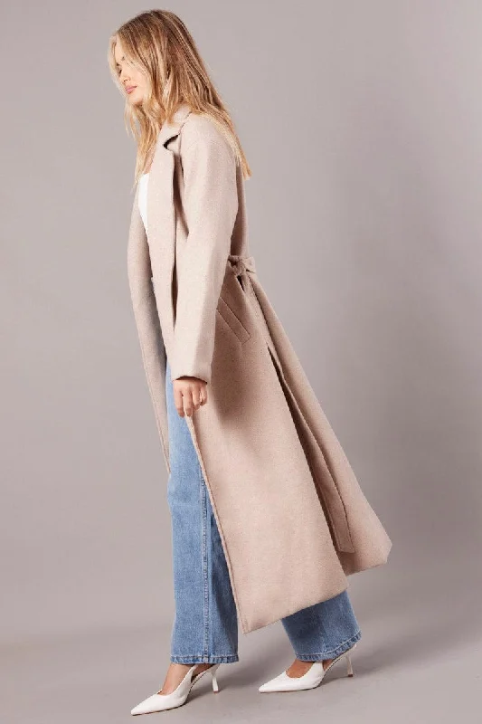 Beige Long Coat Long Sleeve Tie Front