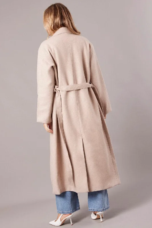 Beige Long Coat Long Sleeve Tie Front