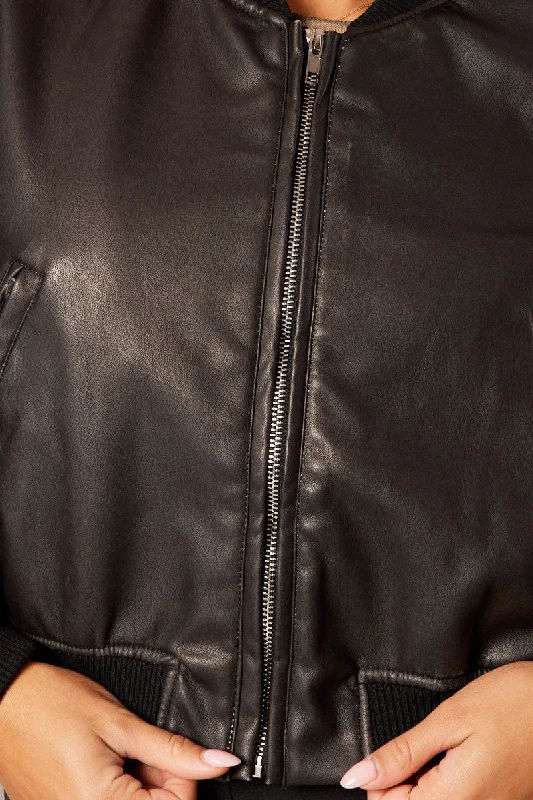 Black Bomber Jacket Crop Faux Leather