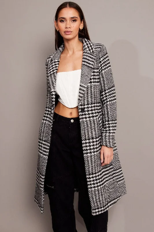 Black Check One Button Coat Knee Length