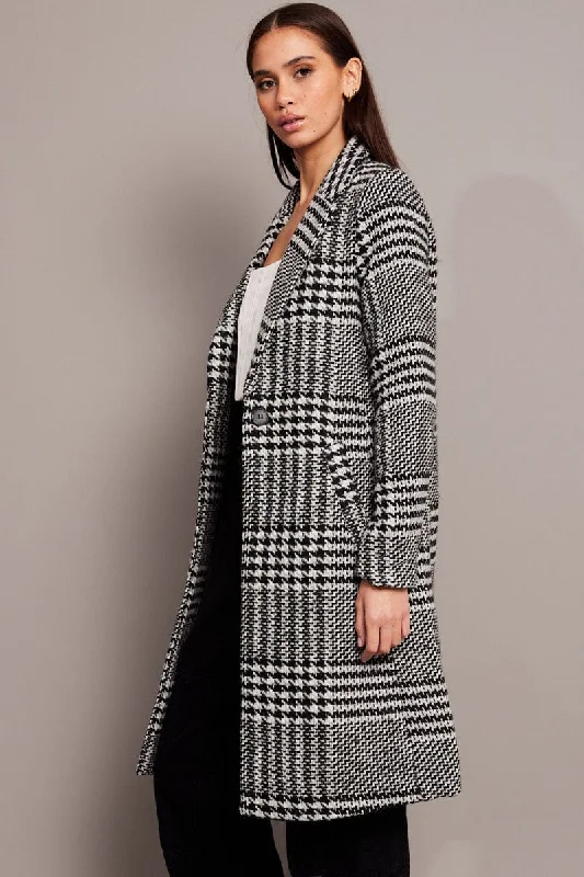 Black Check One Button Coat Knee Length