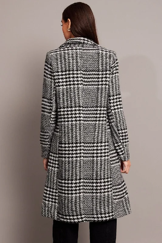 Black Check One Button Coat Knee Length