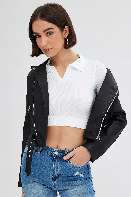 Black Faux Leather Biker Jacket Long Sleeves