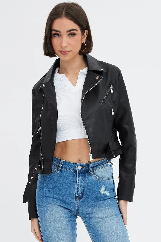 Black Faux Leather Biker Jacket Long Sleeves