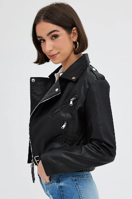 Black Faux Leather Biker Jacket Long Sleeves