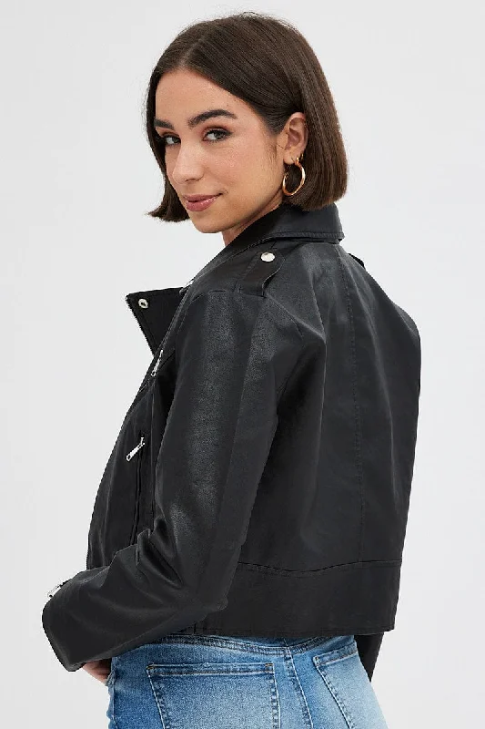 Black Faux Leather Biker Jacket Long Sleeves