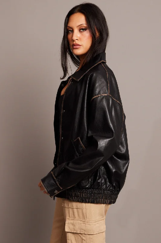 Black Faux Leather Jacket Washed