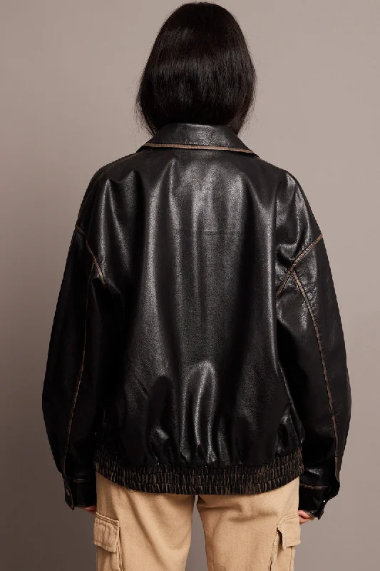 Black Faux Leather Jacket Washed