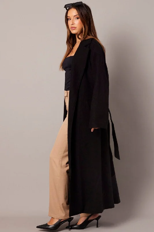 Black Long Coat Long Sleeve Tie Front