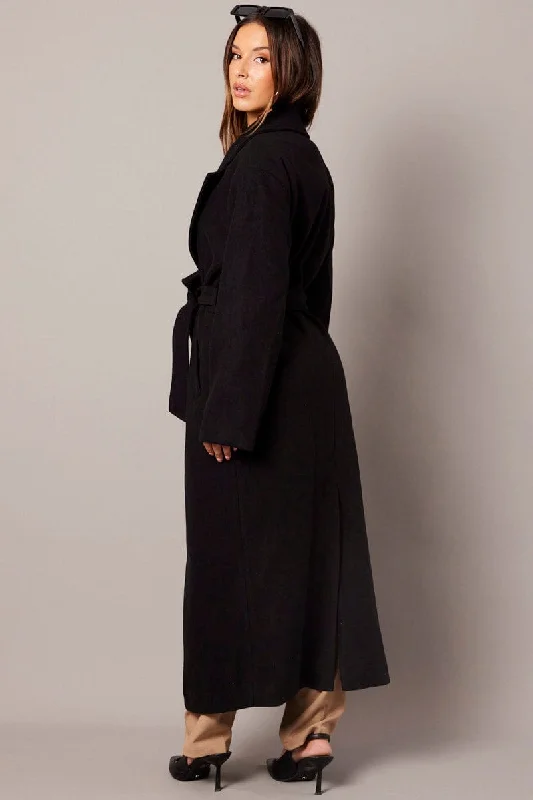 Black Long Coat Long Sleeve Tie Front