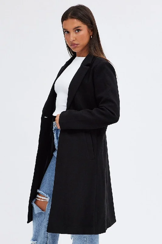 Black One Button Coat Knee Length