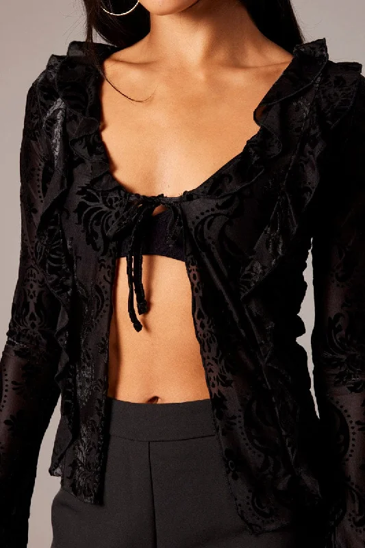 Black Ruffle Cardigan Long Sleeve