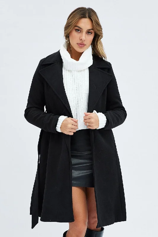 Black Tie Front Coat Knee Length