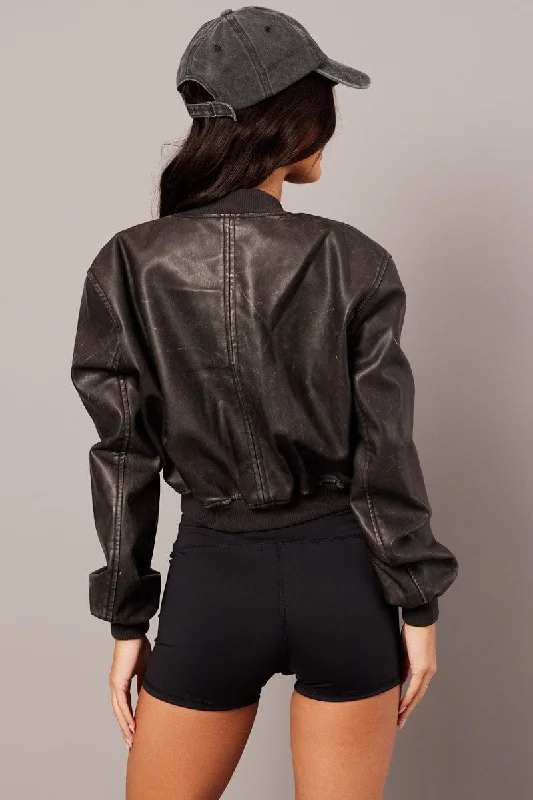 Brown Bomber Jacket Crop Washed Faux Leather