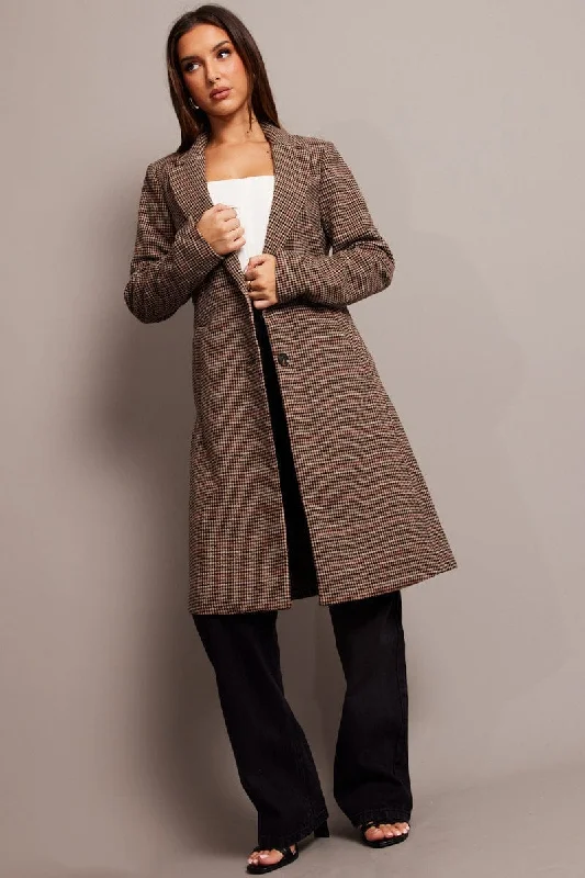 Brown Check One Button Coat Long Sleeve