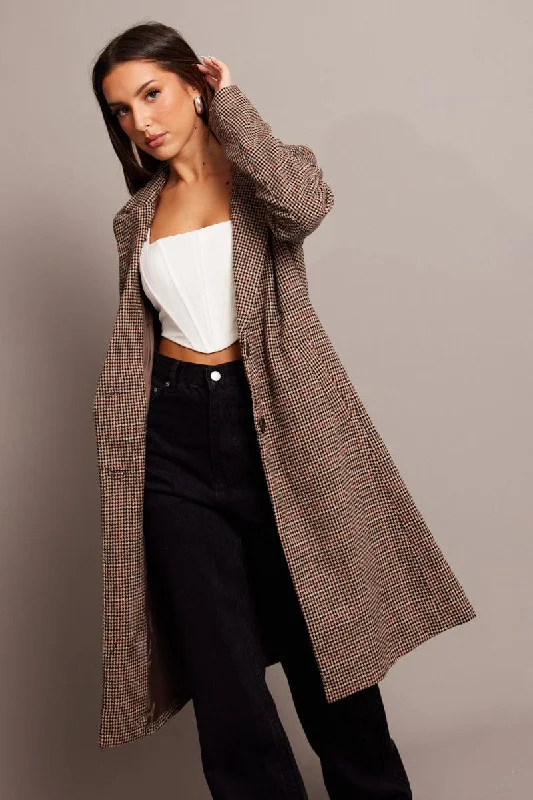 Brown Check One Button Coat Long Sleeve