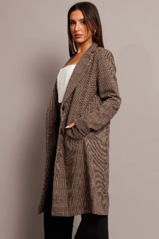 Brown Check One Button Coat Long Sleeve