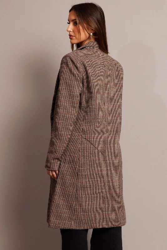 Brown Check One Button Coat Long Sleeve