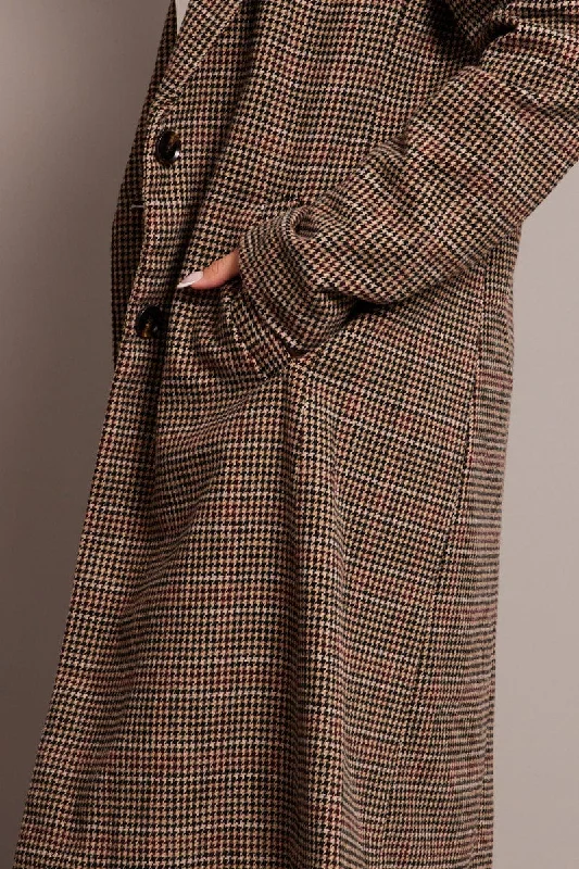 Brown Check One Button Coat Long Sleeve