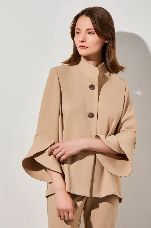 Button-Front Bell Sleeve Deco Crepe Jacket, Dark Champagne