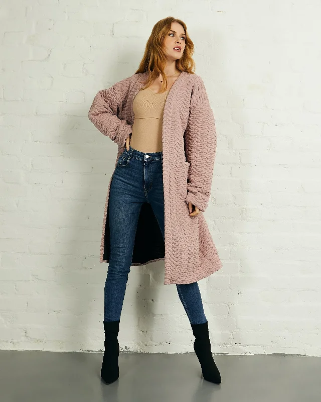 Quilted Long Open Front Coat with Pockets in Pink | Cali