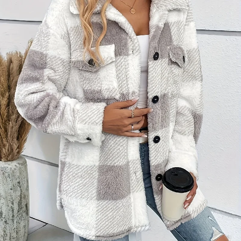 Cozy Plaid Fuzzy Jacket Warm  Stylish Womens Outerwear