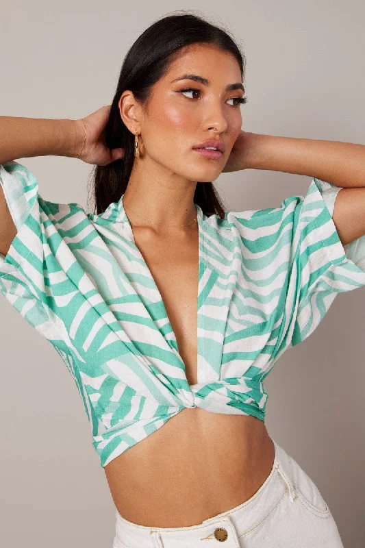 Green Abstract Tie Up Bolero Short Sleeve