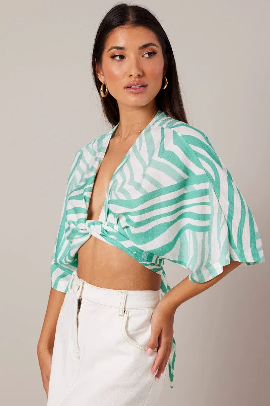 Green Abstract Tie Up Bolero Short Sleeve