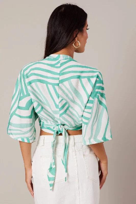 Green Abstract Tie Up Bolero Short Sleeve