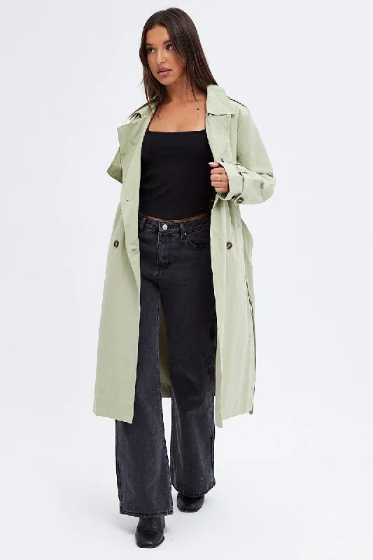 Green Trench Coat Long Sleeves Cotton