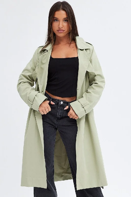 Green Trench Coat Long Sleeves Cotton