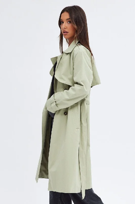 Green Trench Coat Long Sleeves Cotton