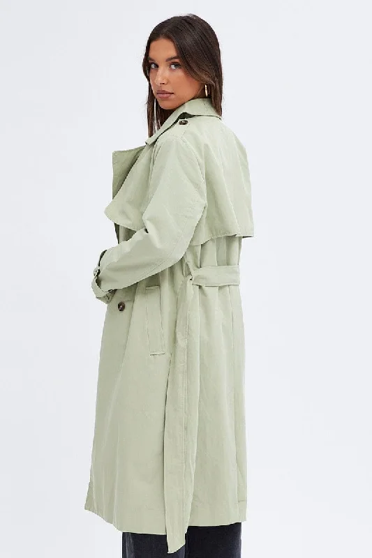 Green Trench Coat Long Sleeves Cotton