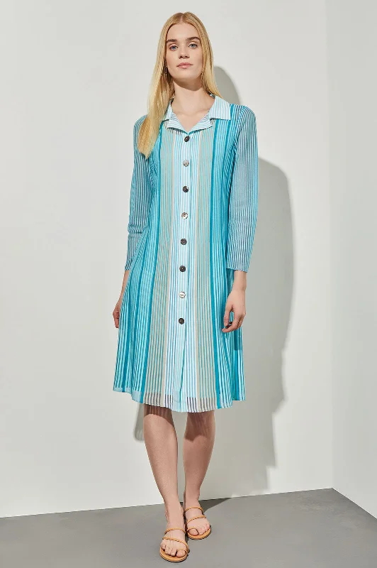 Midi A-Line Shirt Dress - Sheer Striped Soft Knit