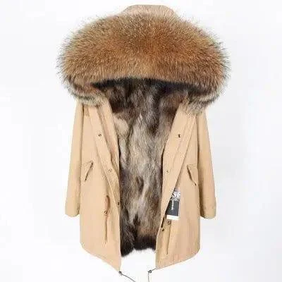 Oversized raccoon fur collar parka coat