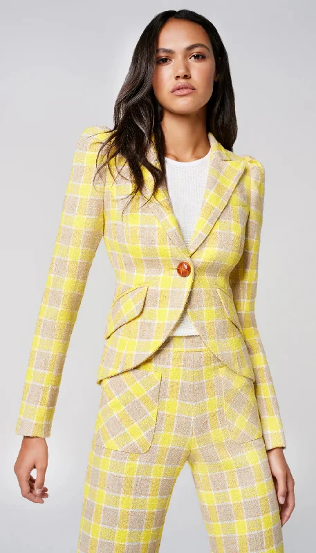 Pouf Sleeve One Button Blazer - Yellow Check