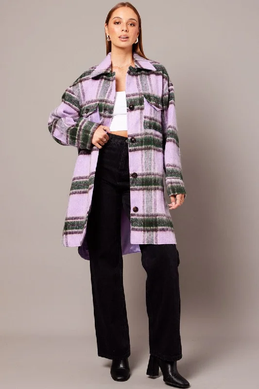 Purple Check Coat Long Sleeve Collared Check Faux Wool