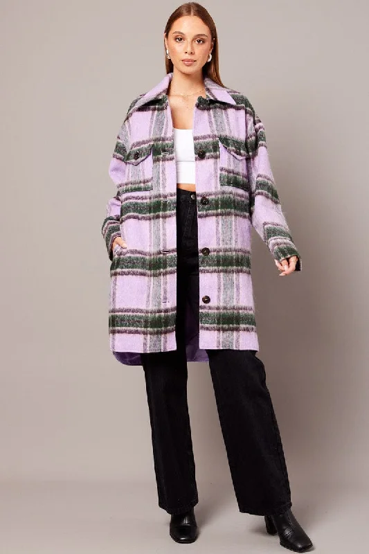 Purple Check Coat Long Sleeve Collared Check Faux Wool