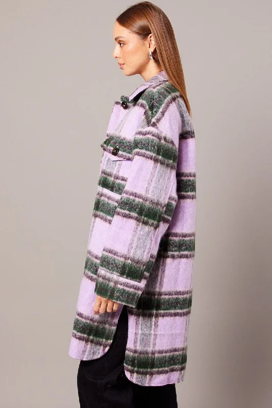 Purple Check Coat Long Sleeve Collared Check Faux Wool