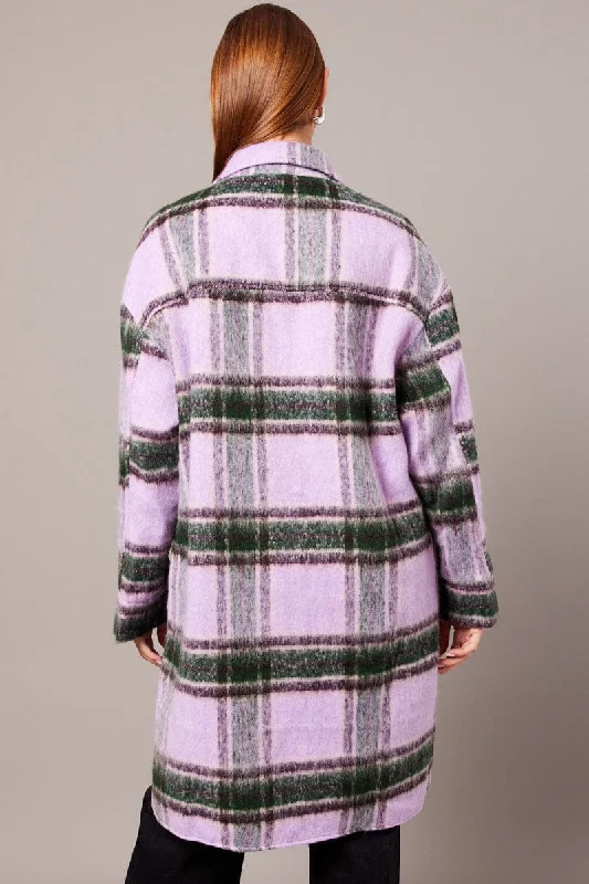 Purple Check Coat Long Sleeve Collared Check Faux Wool