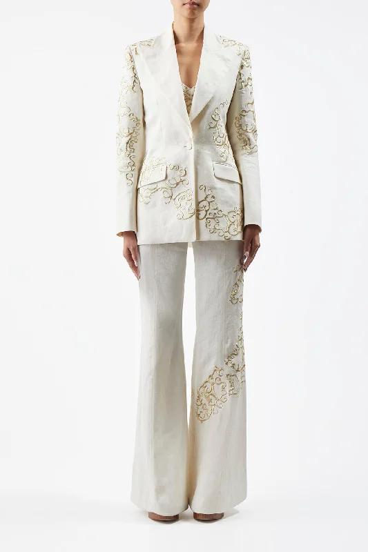 Rhein Embroidered Pant in Ivory Textured Linen